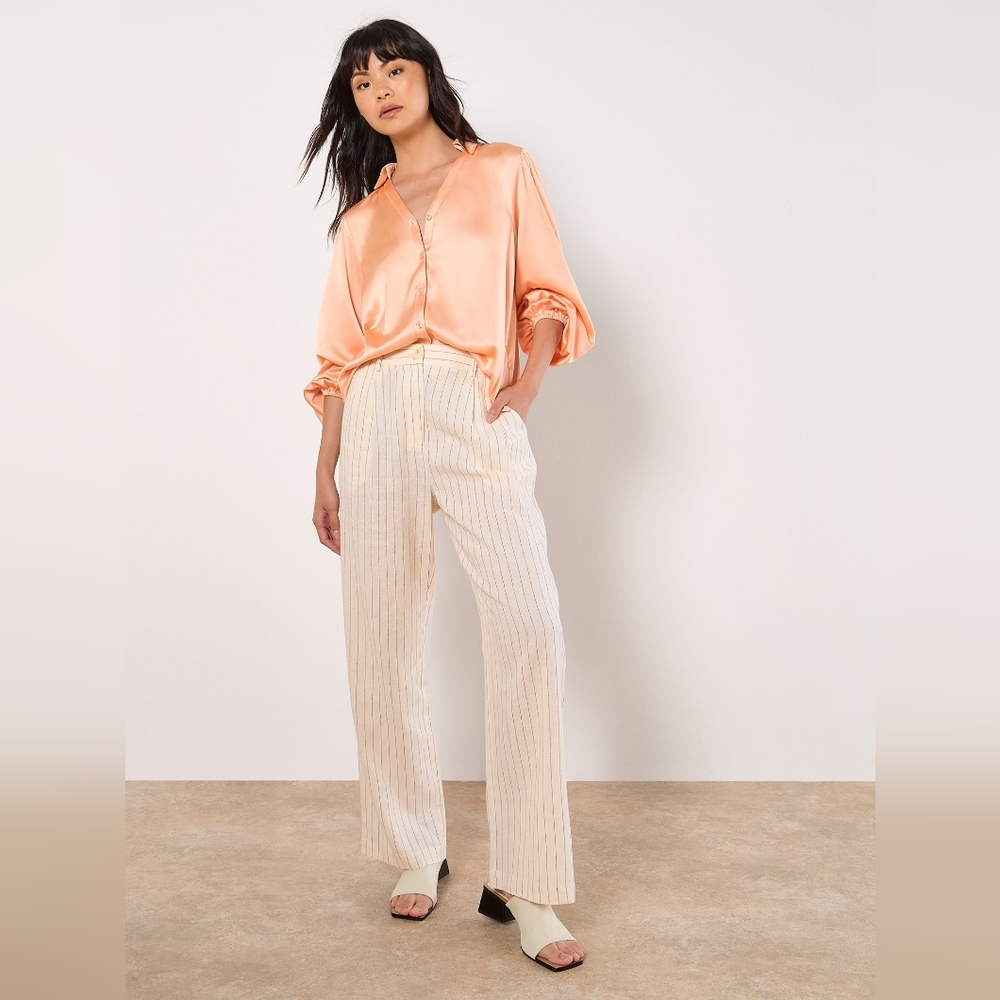 Peach Satin V Neck Collared Blouse - Picture 12 of 12